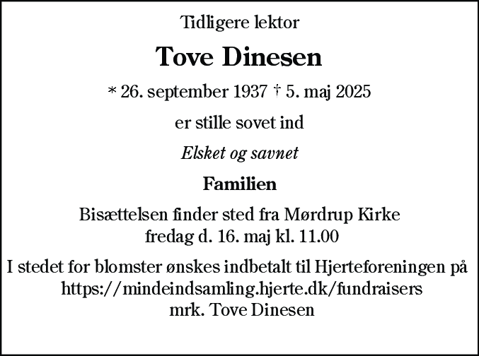 Dødsannonce for Tove Dinesen