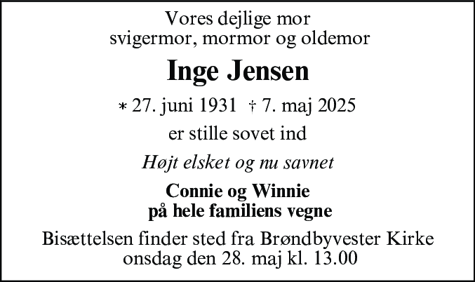 Dødsannonce for Inge Jensen