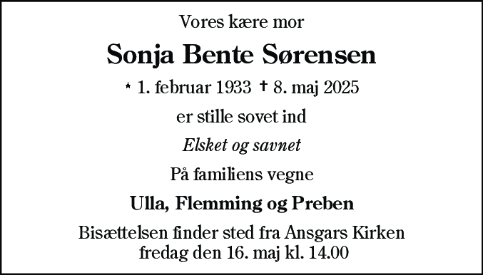 Dødsannonce for Sonja Bente Sørensen
