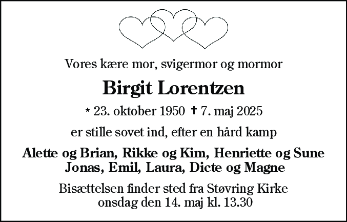 Dødsannonce for Birgit Lorentzen