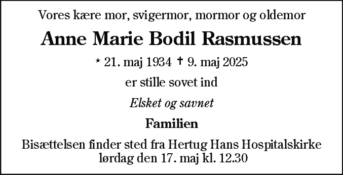 Dødsannonce for Anne Marie Bodil Rasmussen