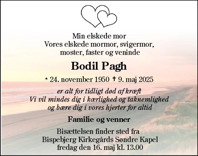 Dødsannonce for Bodil Pagh