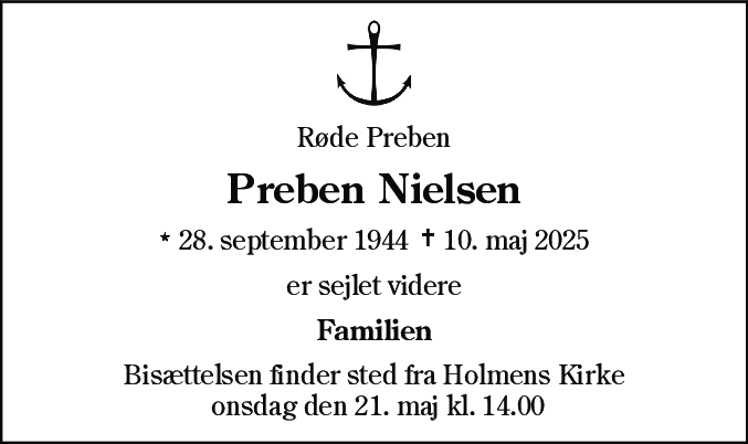 Dødsannonce for Preben Nielsen