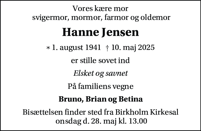 Dødsannonce for Hanne Jensen
