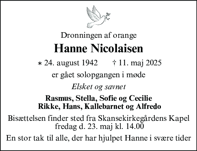 Dødsannonce for Hanne Nicolaisen