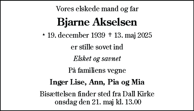 Dødsannonce for Bjarne Akselsen