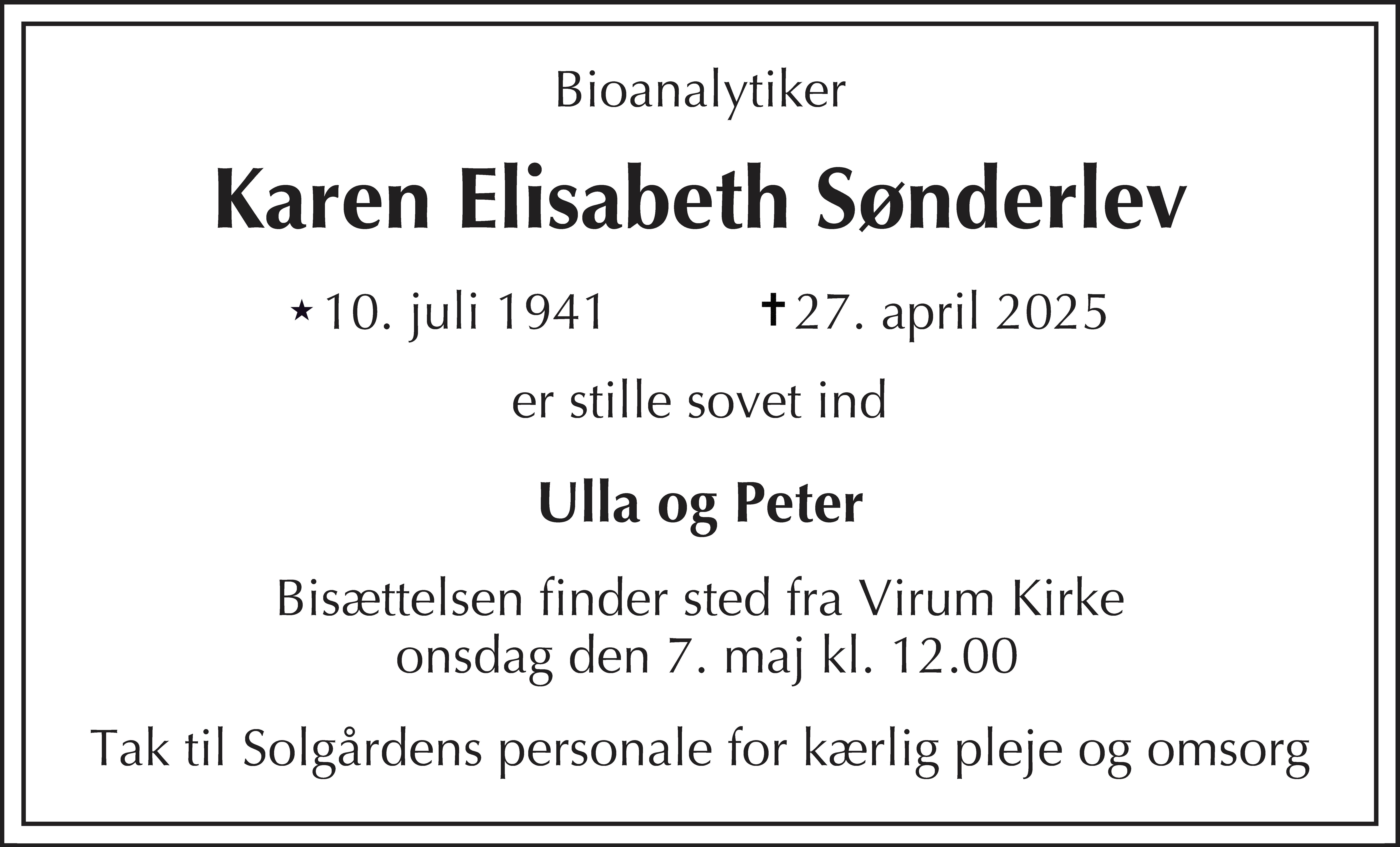 Dødsannonce for Karen Elisabeth Sønderlev