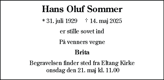 Dødsannonce for Hans Oluf Sommer