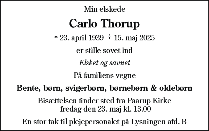 Dødsannonce for Carlo Thorup