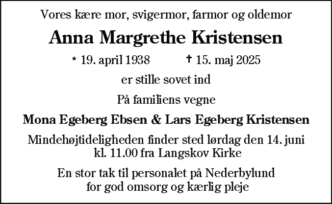 Dødsannonce for Anna Margrethe Kristensen