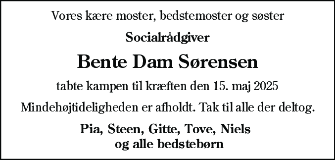 Dødsannonce for Bente Dam Sørensen