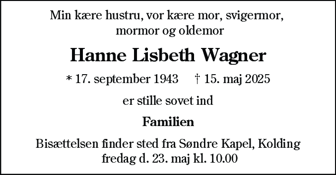 Dødsannonce for Hanne Lisbeth Wagner