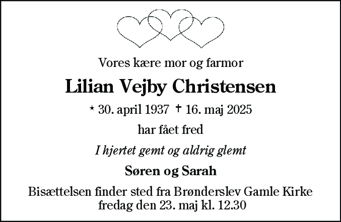 Dødsannonce for Lilian Vejby Christensen