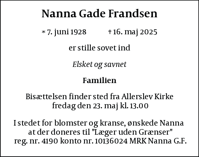Dødsannonce for Nanna Gade Frandsen
