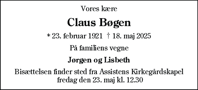 Dødsannonce for Claus Christian Bøgen