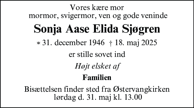 Dødsannonce for Sonja Aase Elida Sjøgren