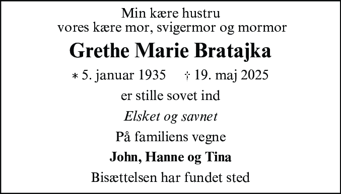 Dødsannonce for Grethe Marie Bratajka