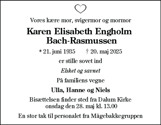 Dødsannonce for Karen Elisabeth Engholm Bach-Rasmussen