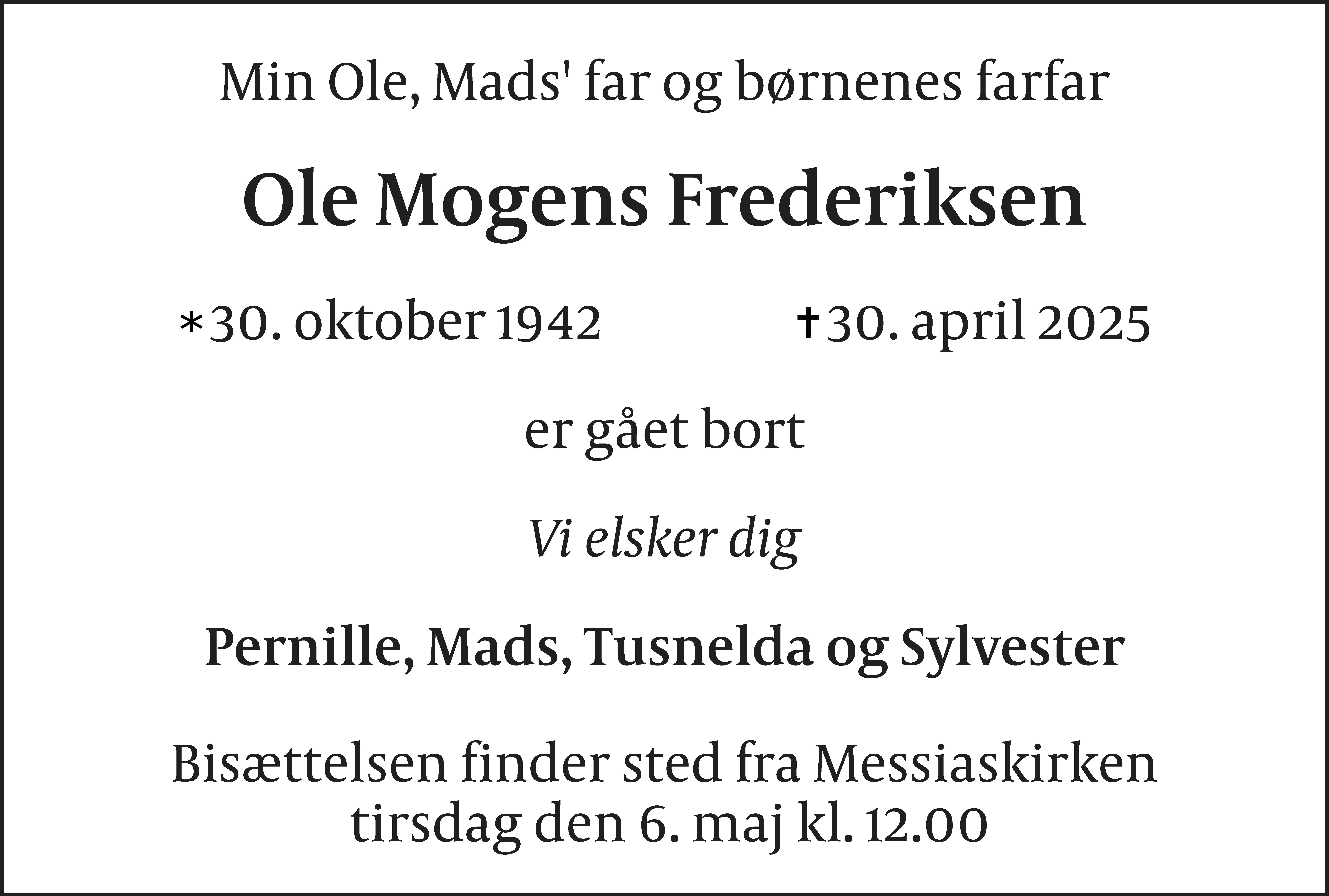 Dødsannonce for Ole Mogens Frederiksen