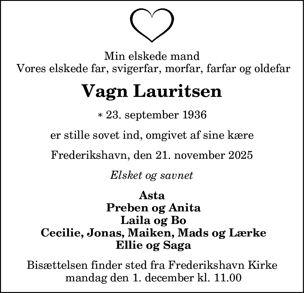 Dødsannonce for Vagn Lauritsen