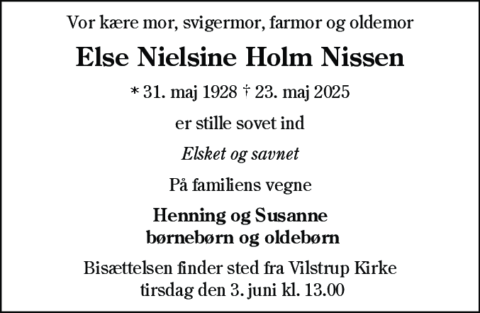 Dødsannonce for Else Nielsine Holm Nissen