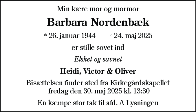 Dødsannonce for Barbara Nordenbæk