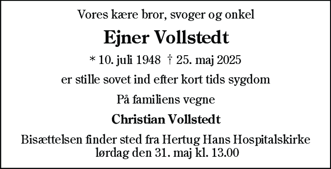 Dødsannonce for Ejner Vollstedt