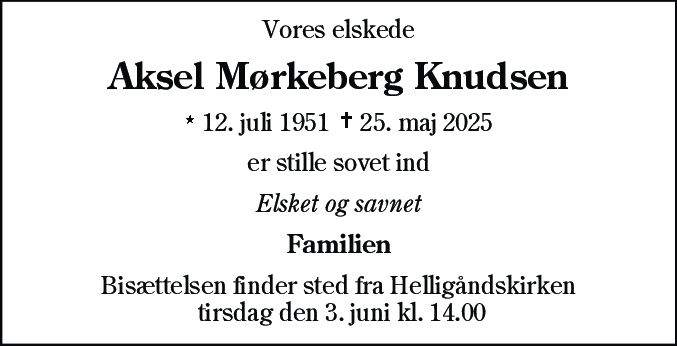 Dødsannonce for Aksel Mørkeberg Knudsen