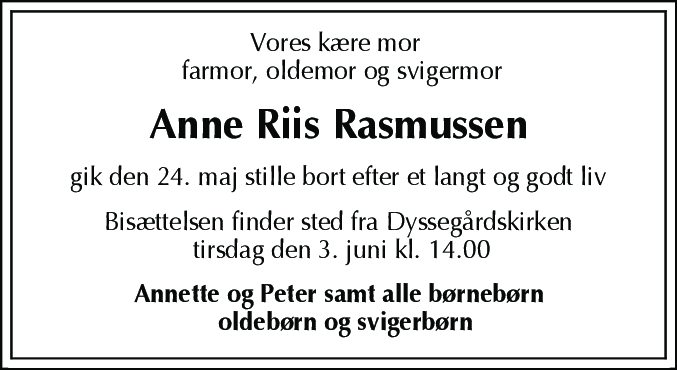 Dødsannonce for Anne Riis Rasmussen