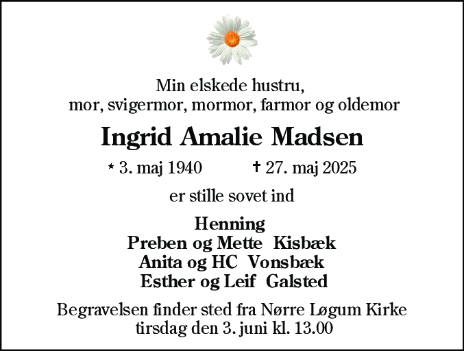 Dødsannonce for Ingrid Amalie Madsen