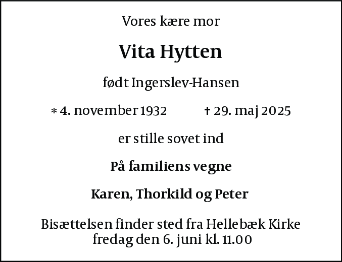 Dødsannonce for Vita Hytten