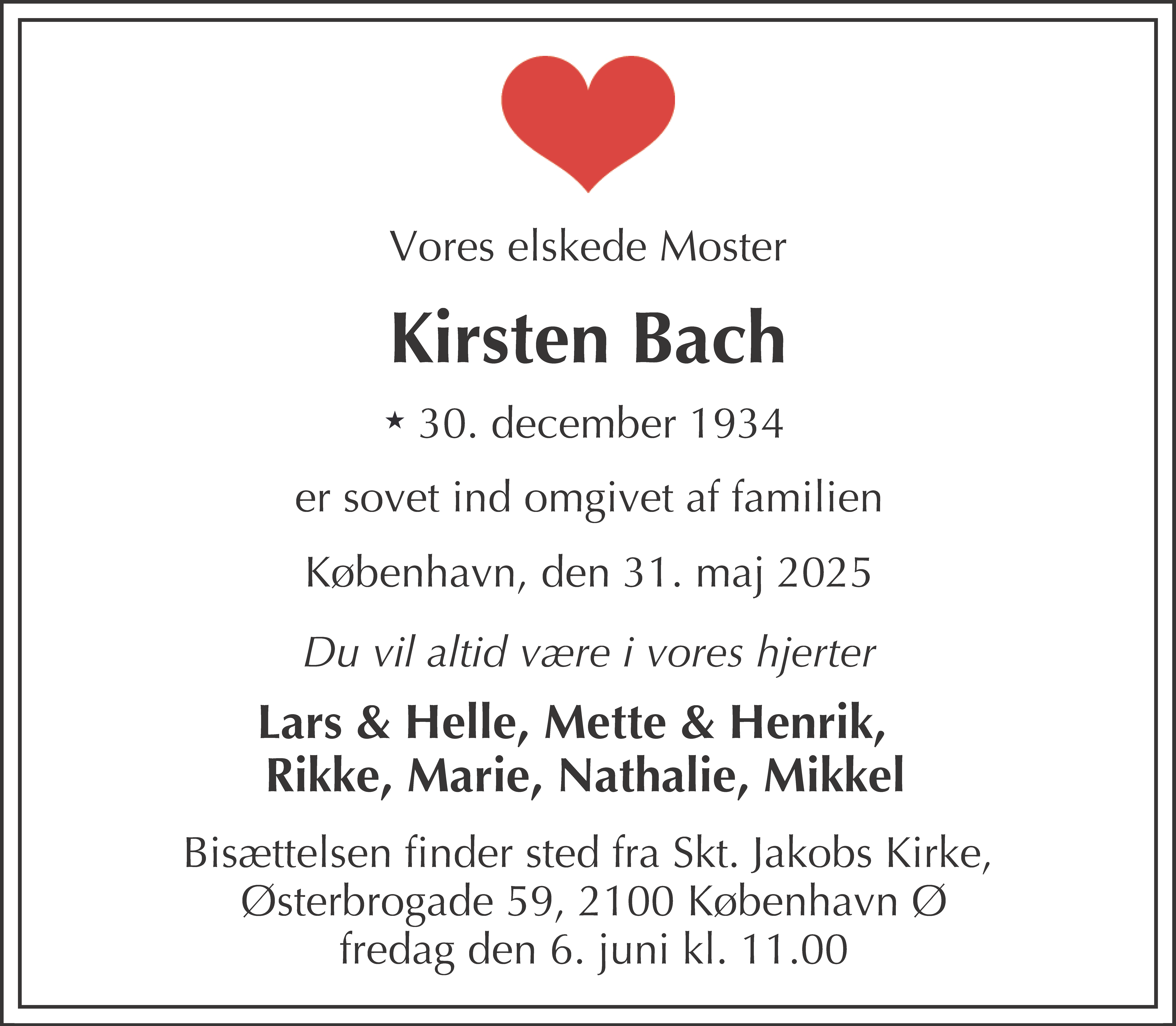 Dødsannonce for Kirsten Bach