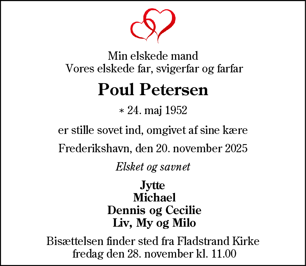 Dødsannonce for Poul Petersen