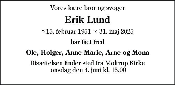 Dødsannonce for Erik Lund