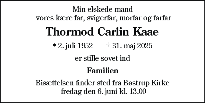 Dødsannonce for Thormod Carlin Kaae