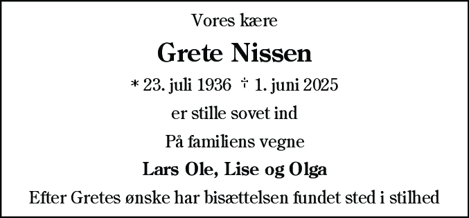 Dødsannonce for Grete Nissen
