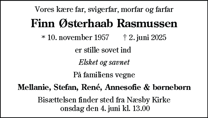 Dødsannonce for Finn Østerhaab Rasmussen