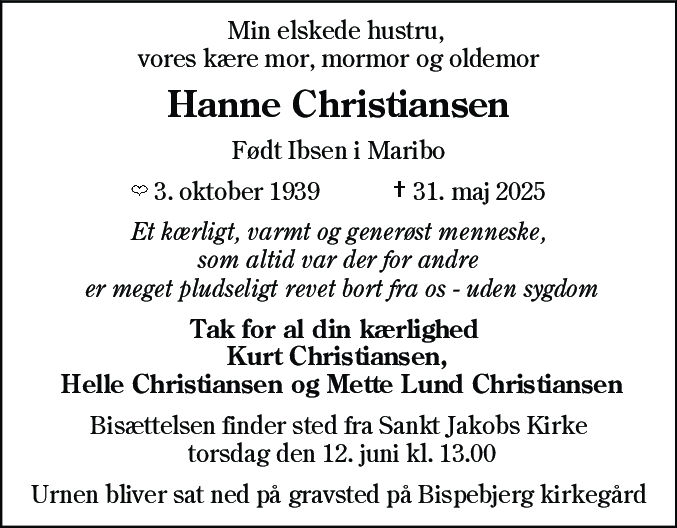 Dødsannonce for Hanne Christiansen