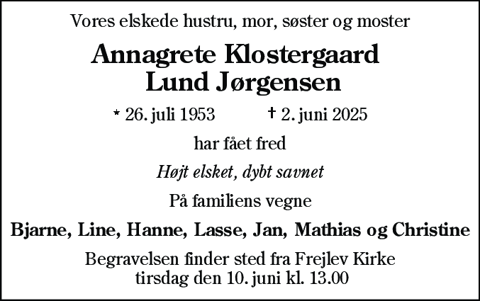 Dødsannonce for Annagrete Klostergaard Lund Jørgensen