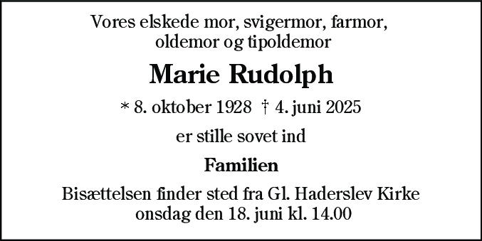 Dødsannonce for Marie Rudolph