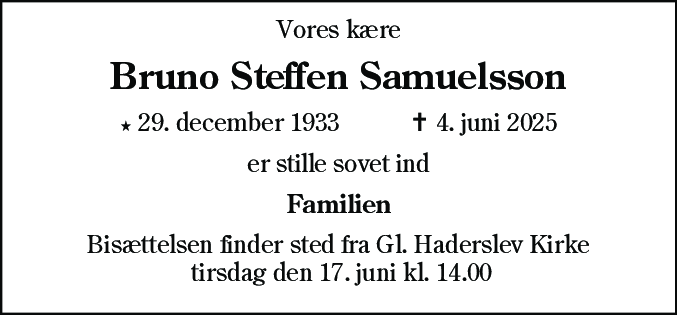 Dødsannonce for Bruno Steffen Samuelsson