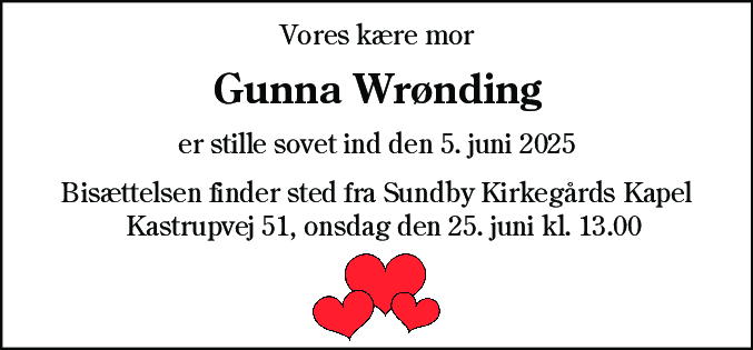 Dødsannonce for Gunna Wrønding