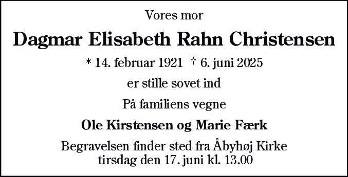 Dødsannonce for Dagmar Elisabeth Rahn Christensen