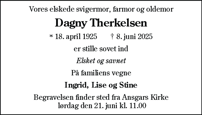 Dødsannonce for Dagny Therkelsen