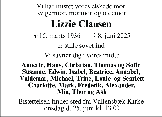 Dødsannonce for Lizzie Clausen