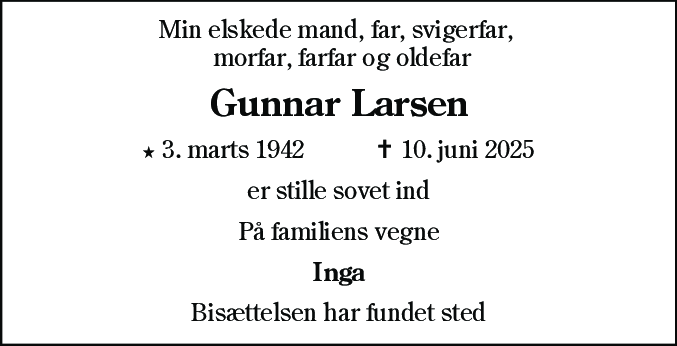 Dødsannonce for Gunnar Larsen