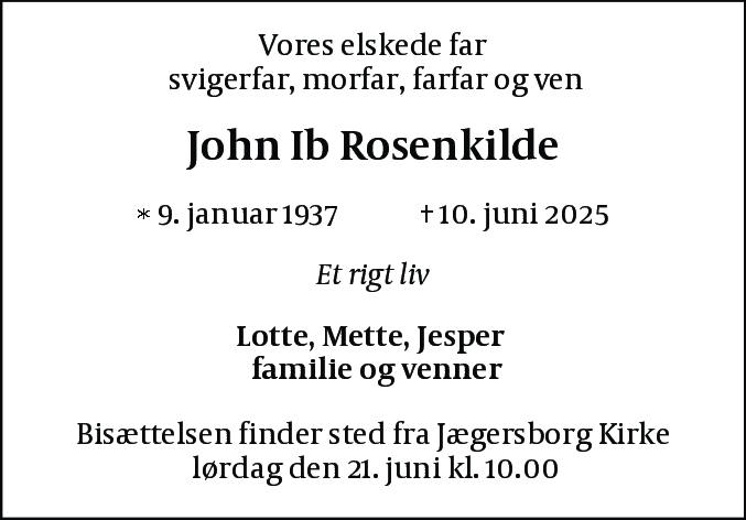 Dødsannonce for John Ib Rosenkilde
