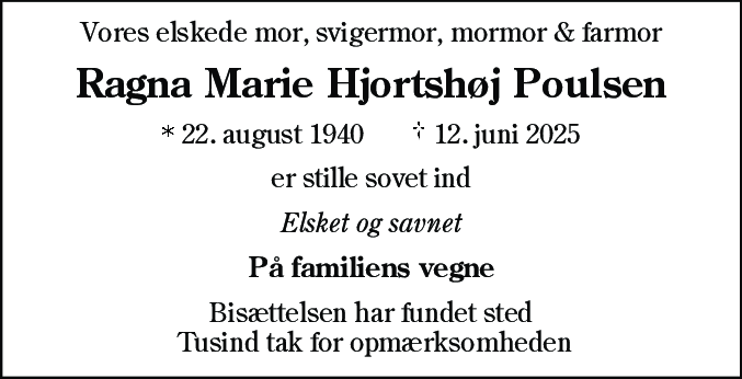 Dødsannonce for Ragna Marie Poulsen