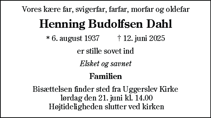 Dødsannonce for Henning Budolfsen Dahl