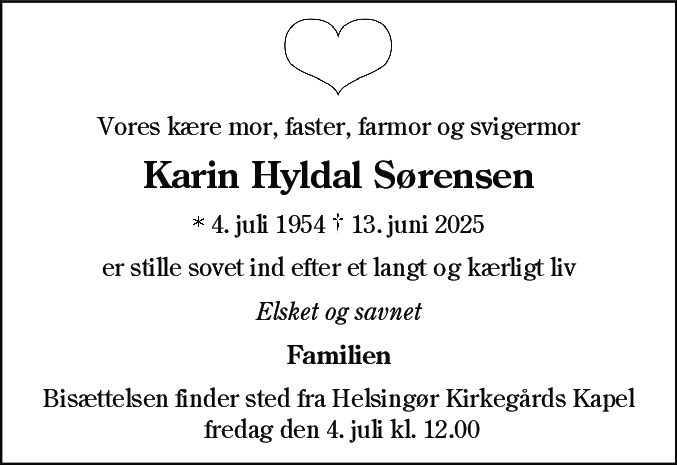 Dødsannonce for Karin Hyldal Sørensen
